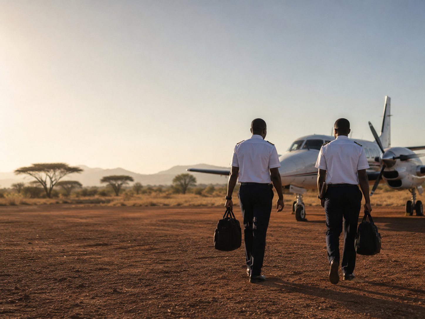 Crew boarding a turboprop at a regional airstrip at first light
